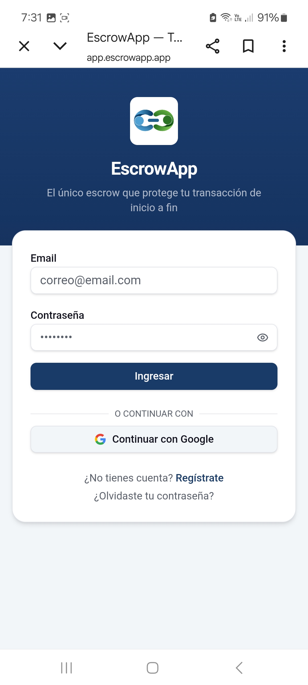 EscrowApp — Login screen